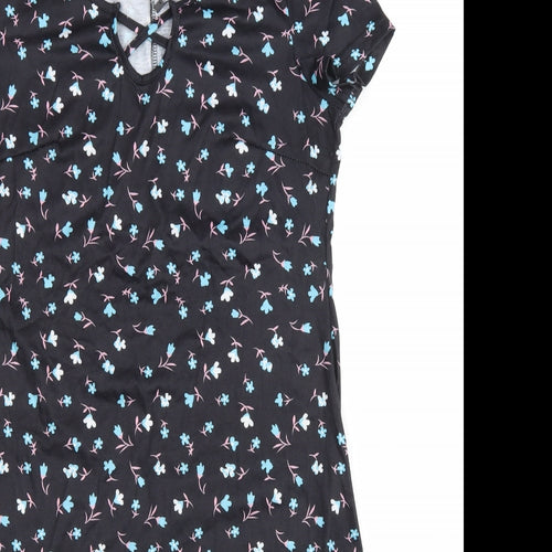 SHEILAY Womens Black Floral Polyester T-Shirt Dress Size M V-Neck Pullover - Lace up detail