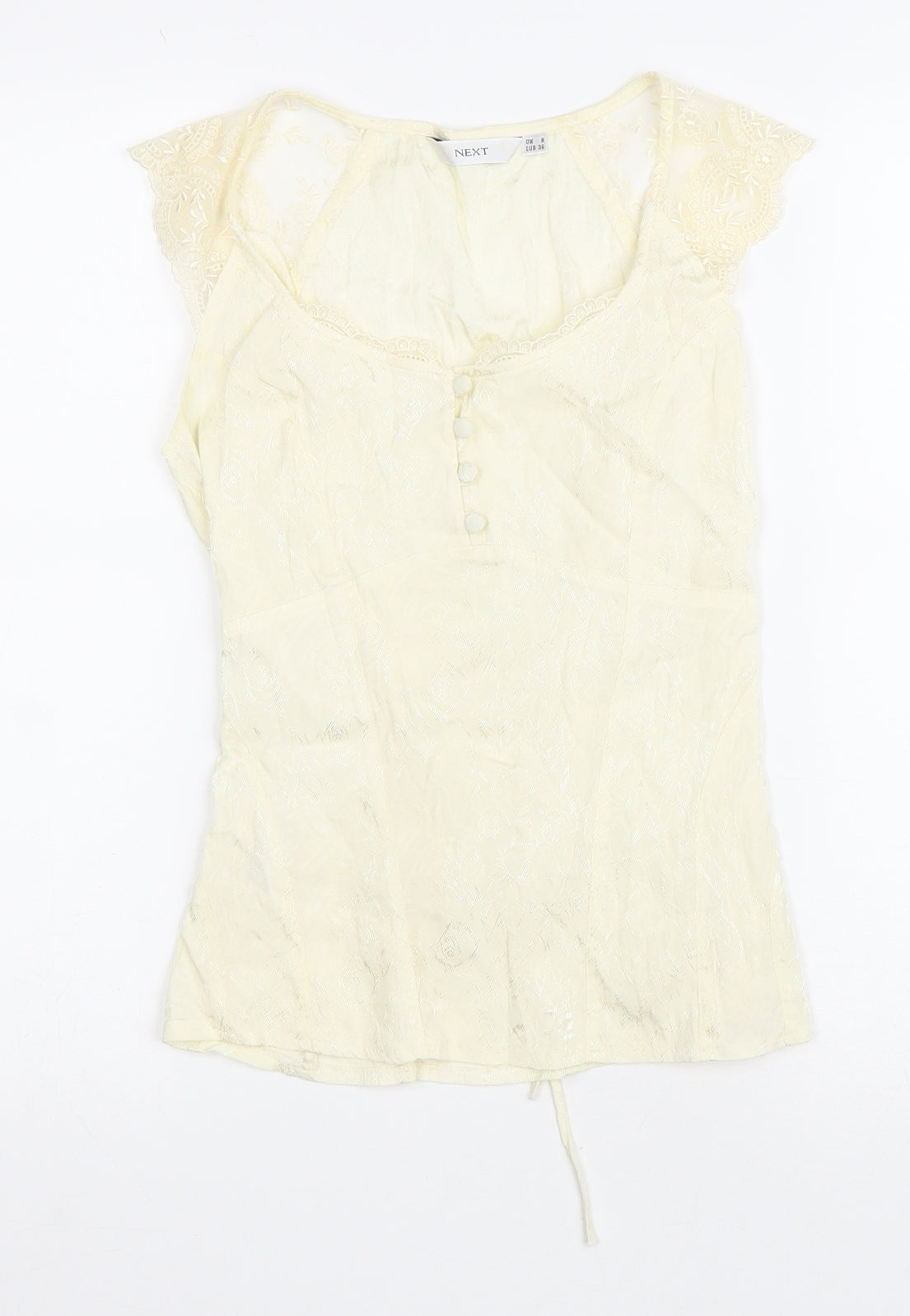 NEXT Womens Ivory Floral Viscose Basic T-Shirt Size 8 V-Neck - Lace up detail