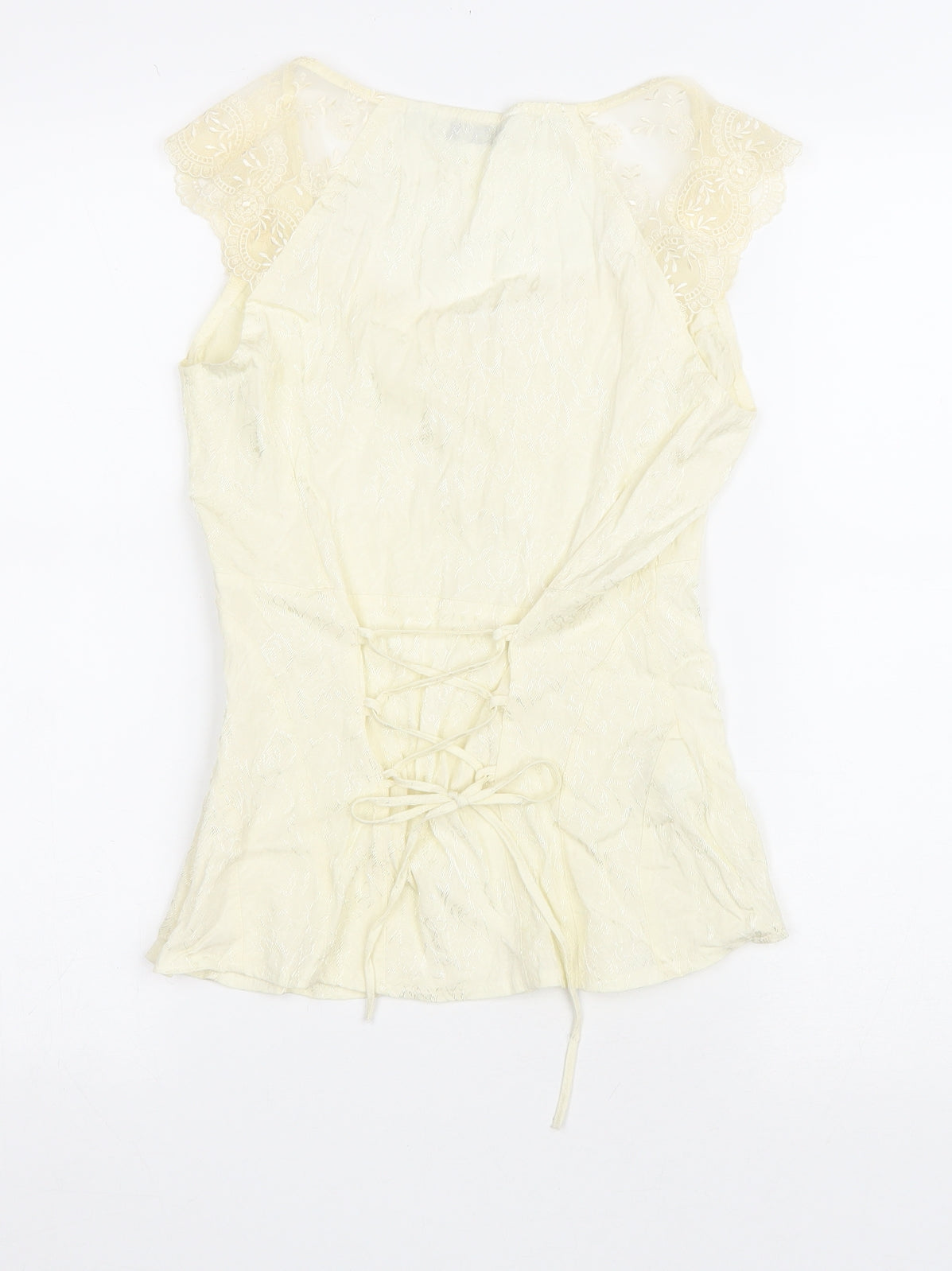 NEXT Womens Ivory Floral Viscose Basic T-Shirt Size 8 V-Neck - Lace up detail