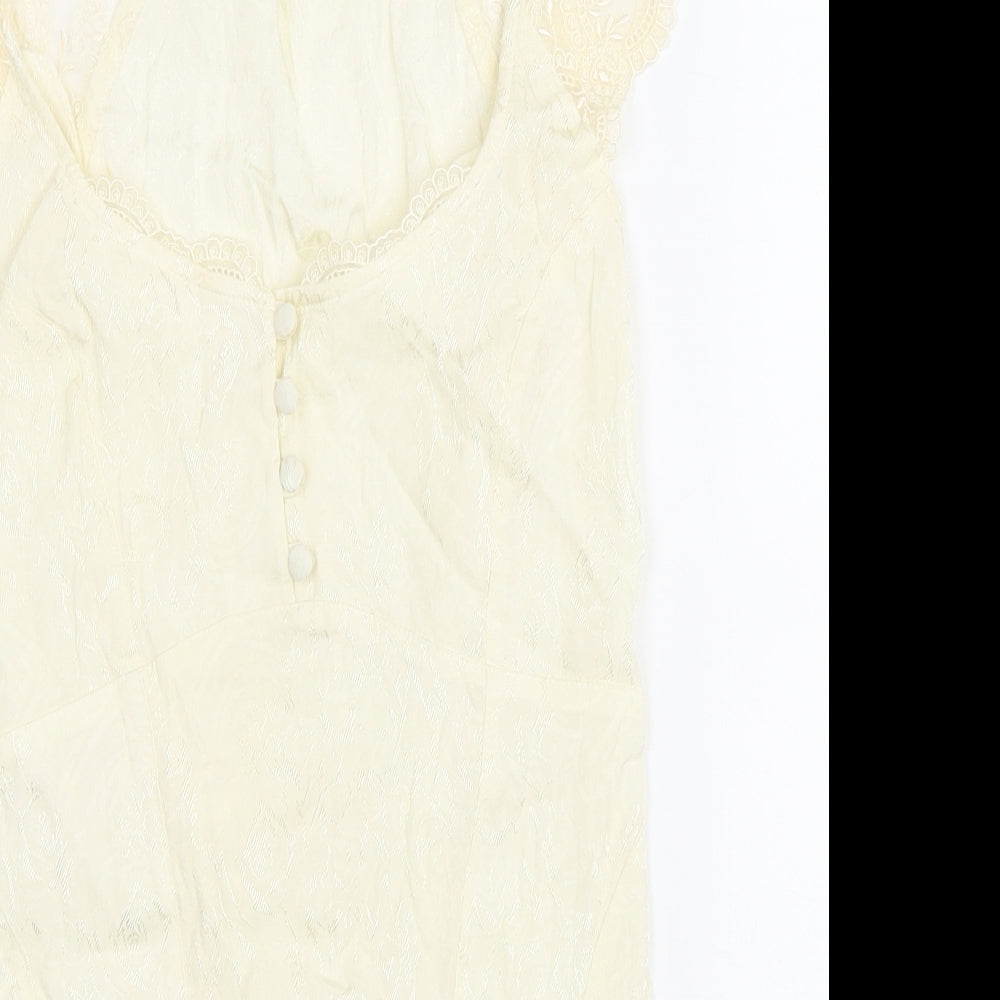 NEXT Womens Ivory Floral Viscose Basic T-Shirt Size 8 V-Neck - Lace up detail