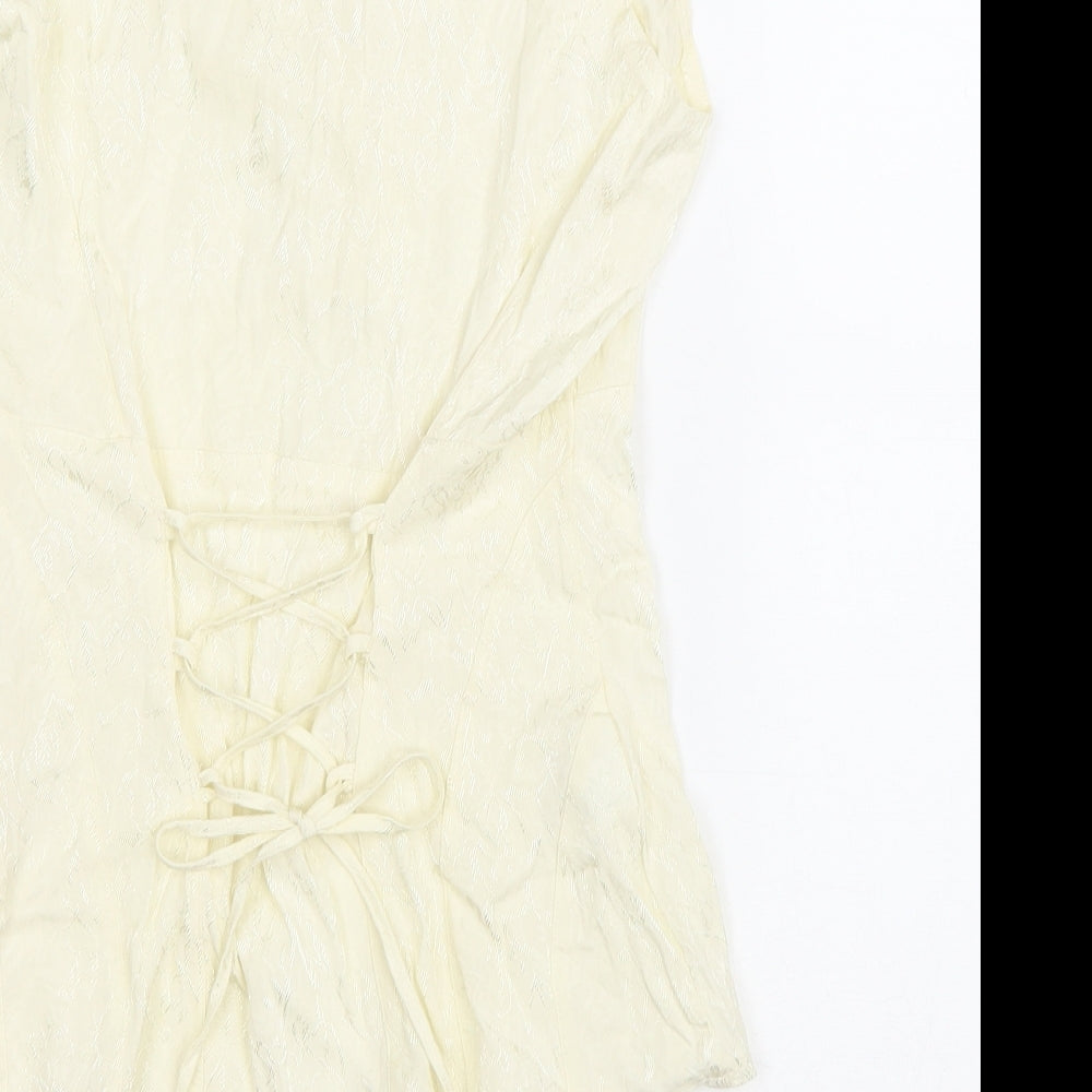 NEXT Womens Ivory Floral Viscose Basic T-Shirt Size 8 V-Neck - Lace up detail
