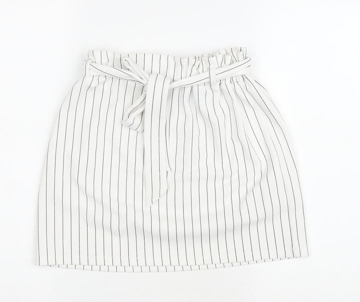 New Look Womens White Striped Polyester A-Line Skirt Size 6 Drawstring - Belted