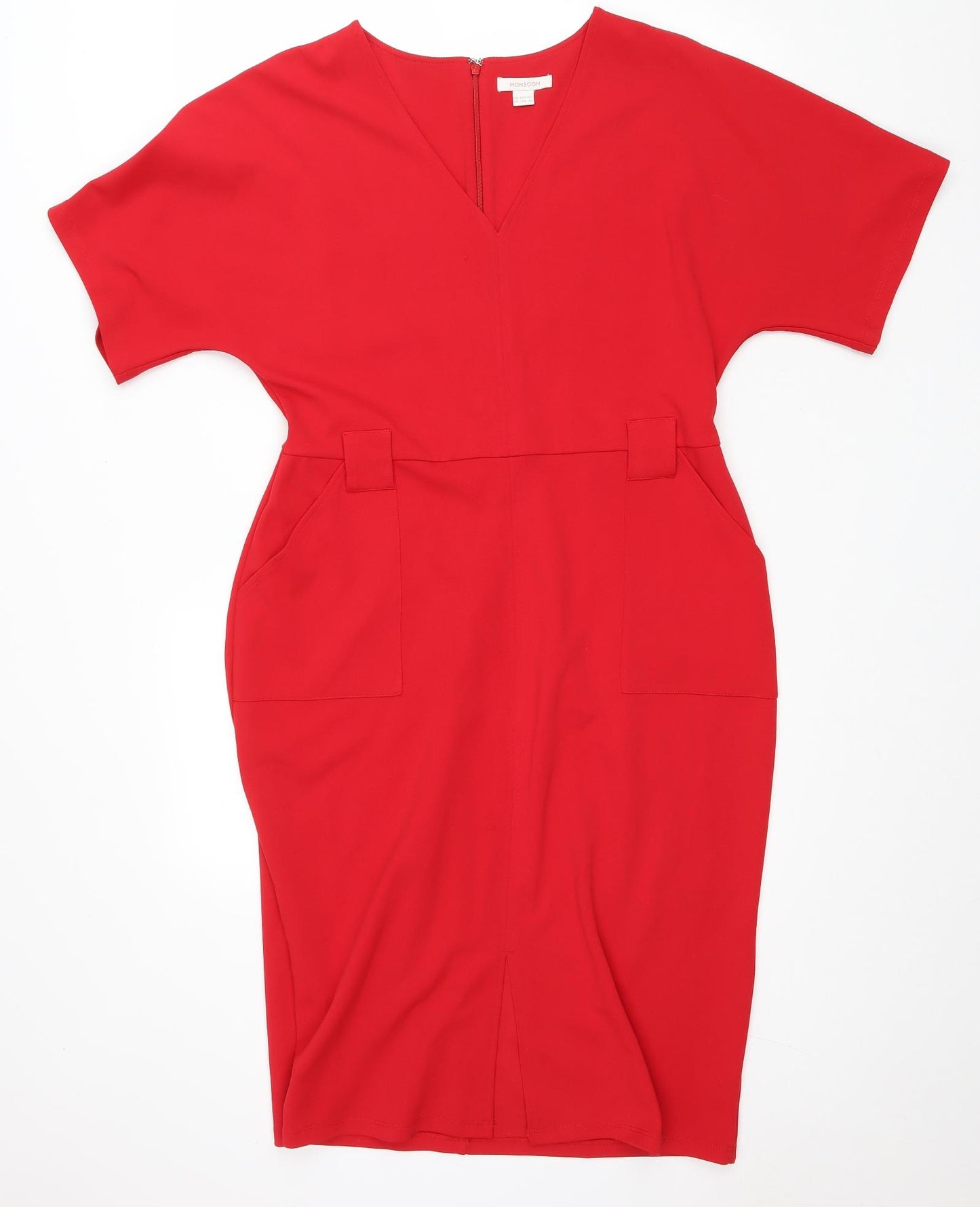 Monsoon Womens Red Polyester Pencil Dress Size 16 V-Neck Zip