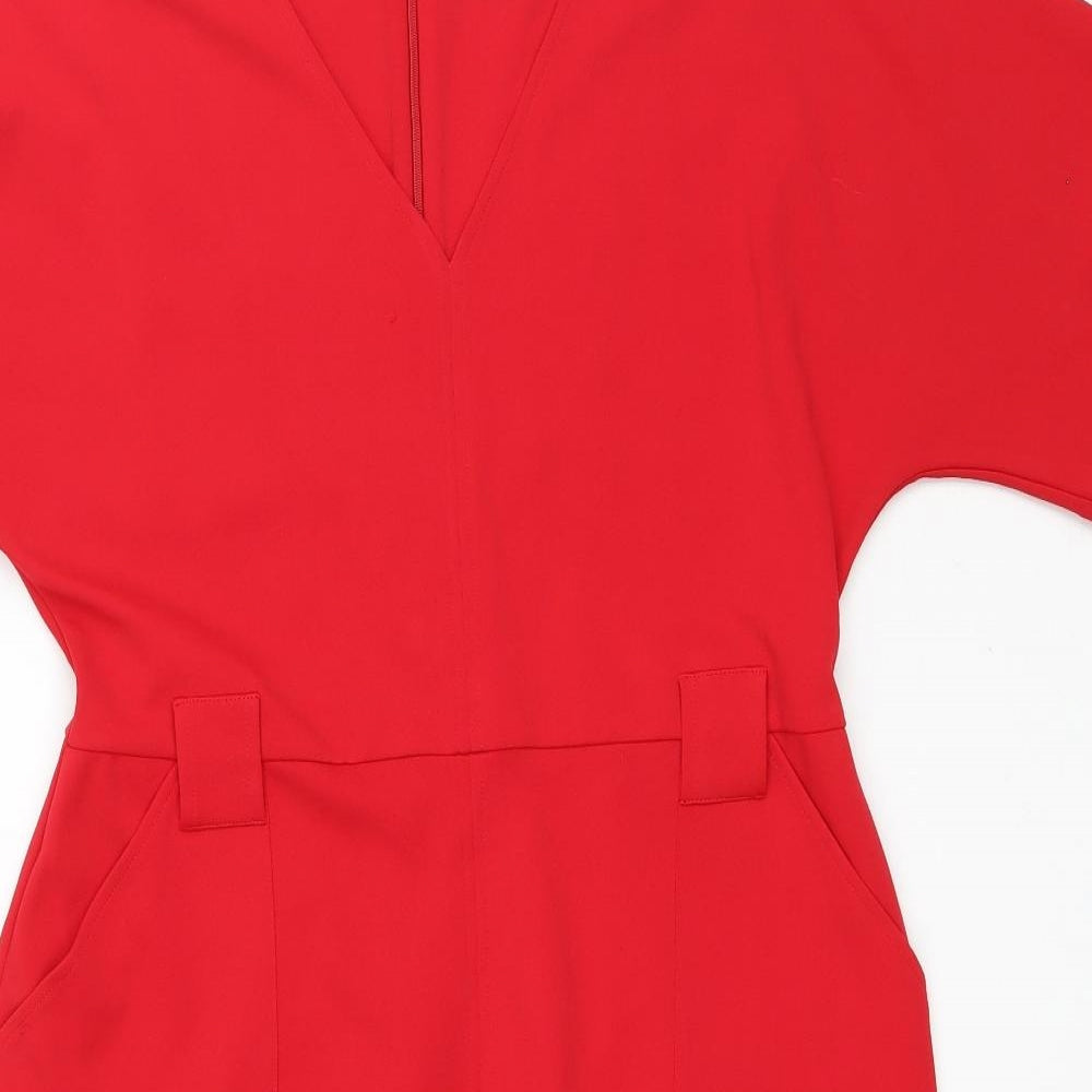 Monsoon Womens Red Polyester Pencil Dress Size 16 V-Neck Zip