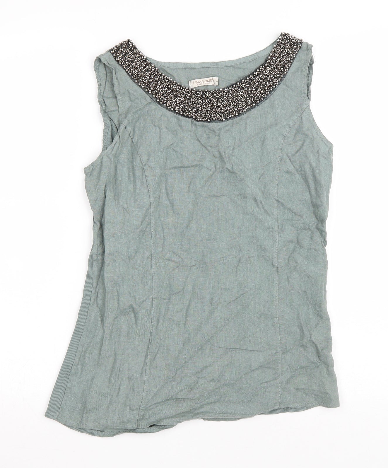 Lina Tomei Womens Green Linen Basic Tank Size S Scoop Neck - Asymmetric Hem