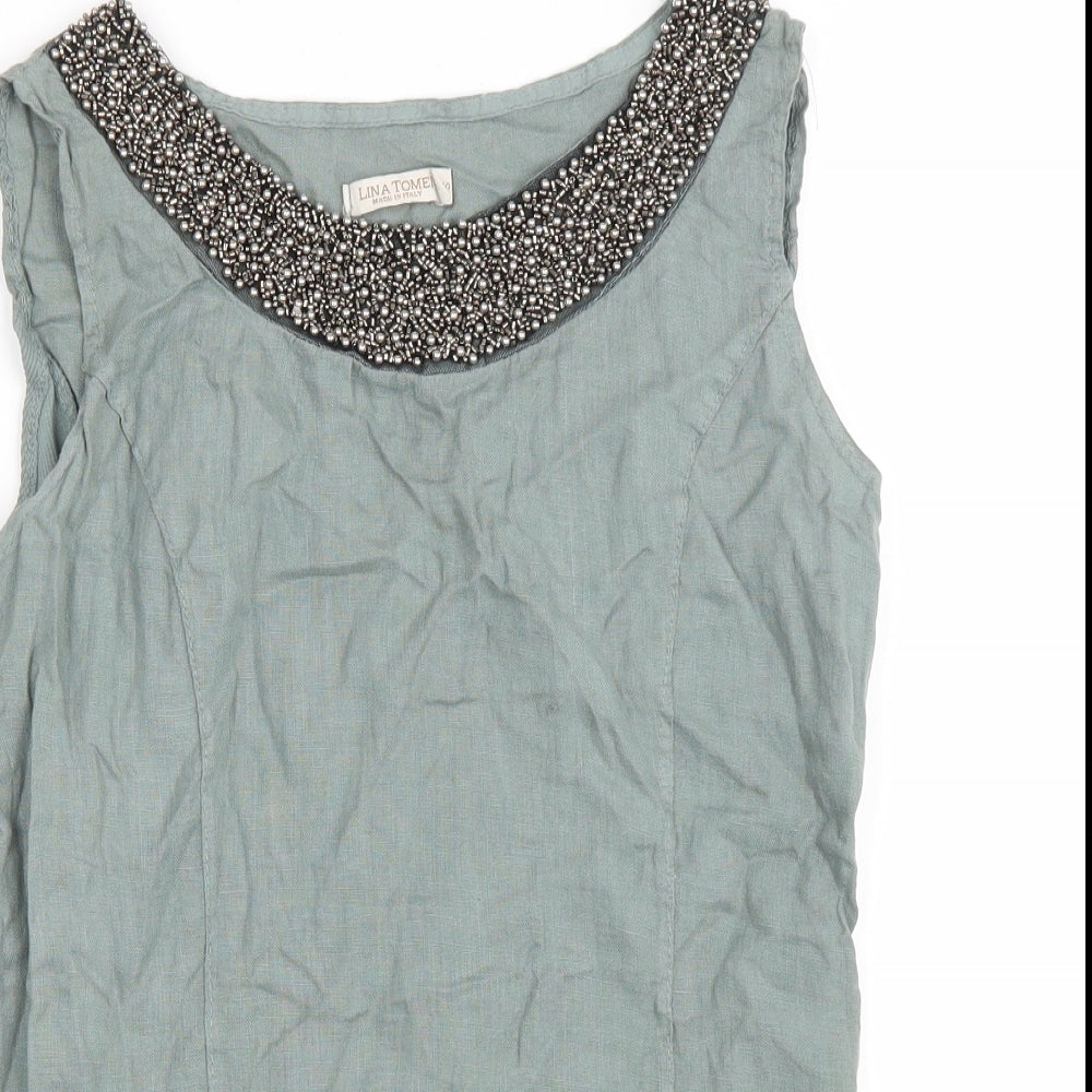 Lina Tomei Womens Green Linen Basic Tank Size S Scoop Neck - Asymmetric Hem