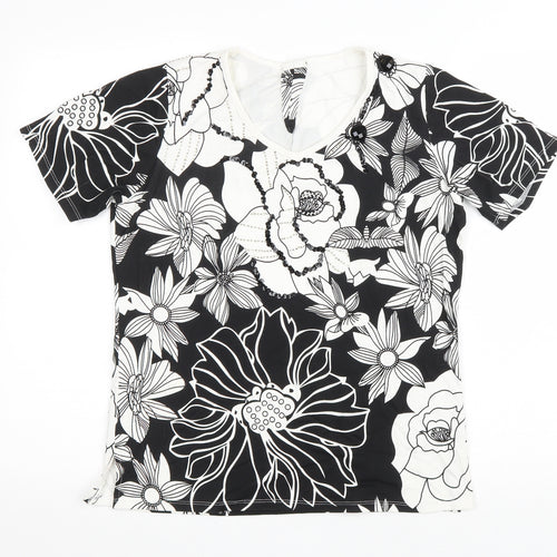 Preworn Womens Black Floral Viscose Basic T-Shirt Size S Round Neck