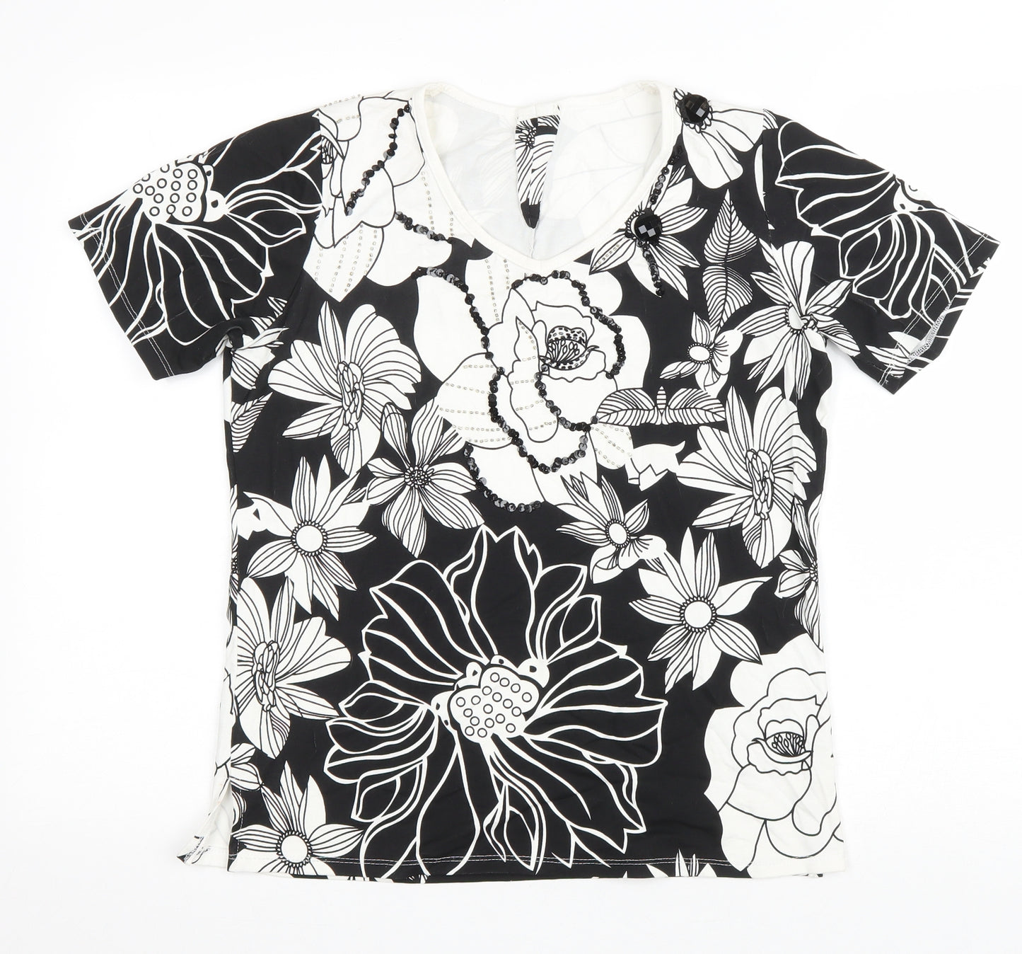 Preworn Womens Black Floral Viscose Basic T-Shirt Size S Round Neck