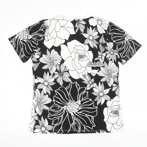 Preworn Womens Black Floral Viscose Basic T-Shirt Size S Round Neck