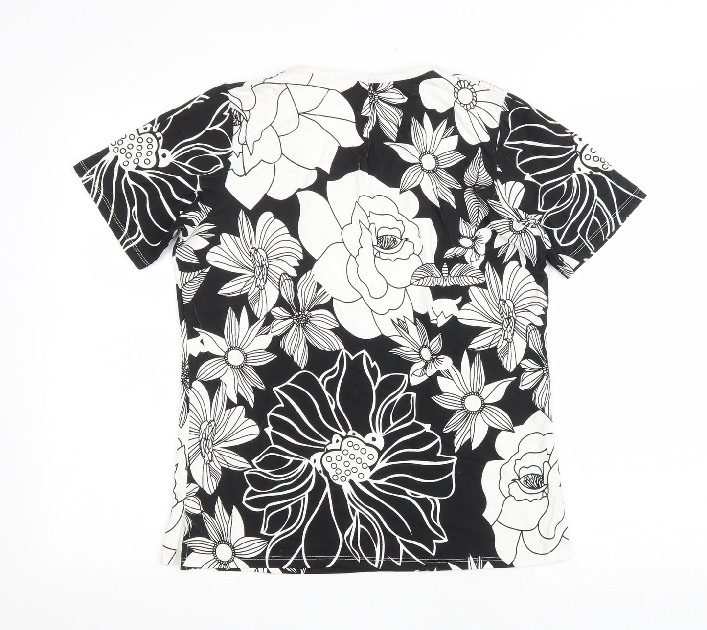 Preworn Womens Black Floral Viscose Basic T-Shirt Size S Round Neck