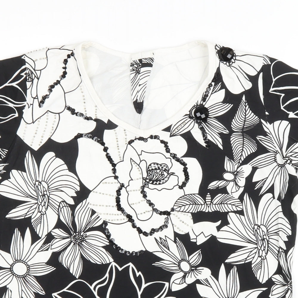 Preworn Womens Black Floral Viscose Basic T-Shirt Size S Round Neck
