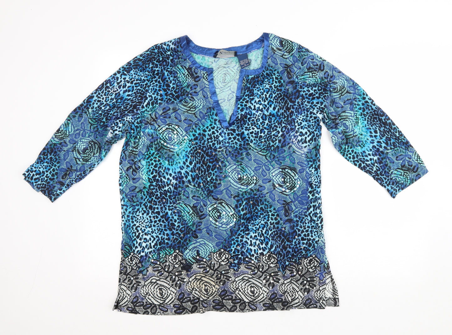 Artscapes Womens Blue Geometric Cotton Basic T-Shirt Size M V-Neck