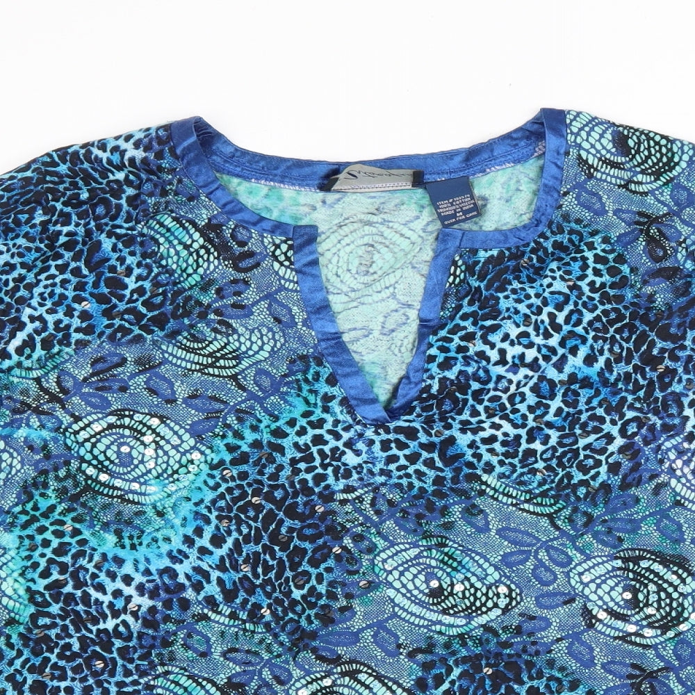 Artscapes Womens Blue Geometric Cotton Basic T-Shirt Size M V-Neck