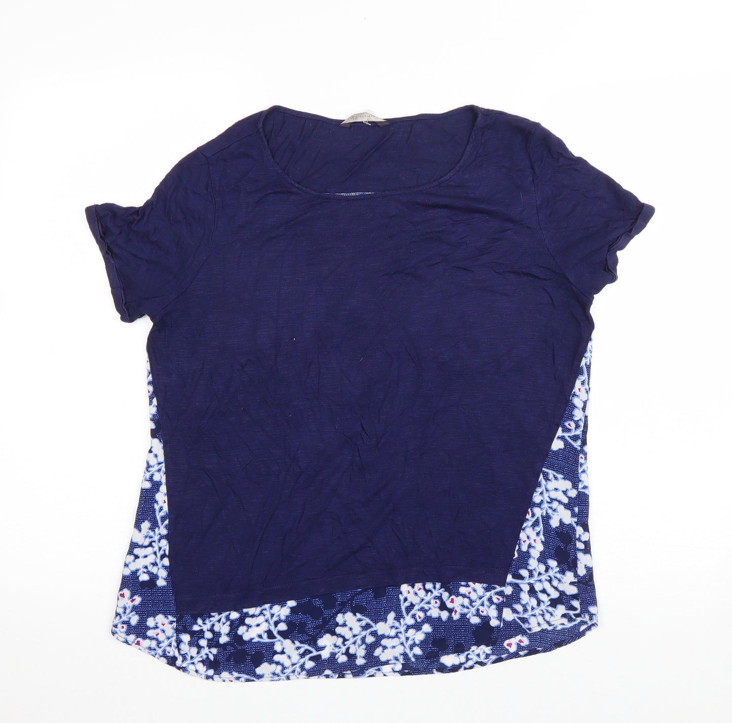 Marks and Spencer Womens Blue Floral Viscose Basic T-Shirt Size 12 Round Neck