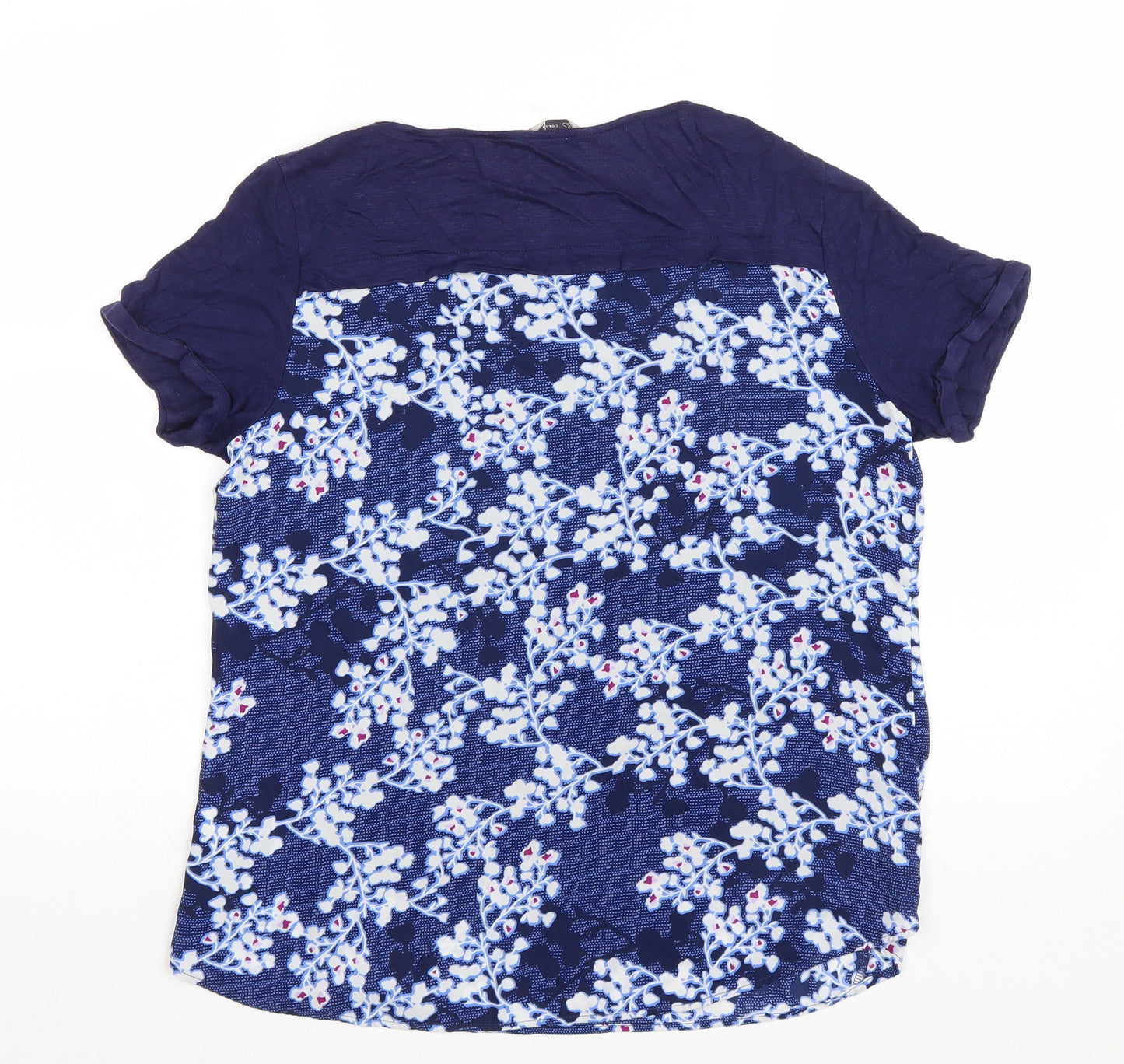 Marks and Spencer Womens Blue Floral Viscose Basic T-Shirt Size 12 Round Neck