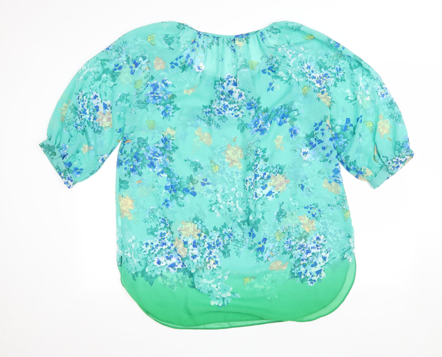 Preworn Womens Green Floral Polyester Basic Blouse Size 16 Scoop Neck