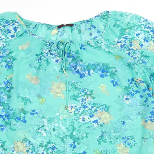 Preworn Womens Green Floral Polyester Basic Blouse Size 16 Scoop Neck