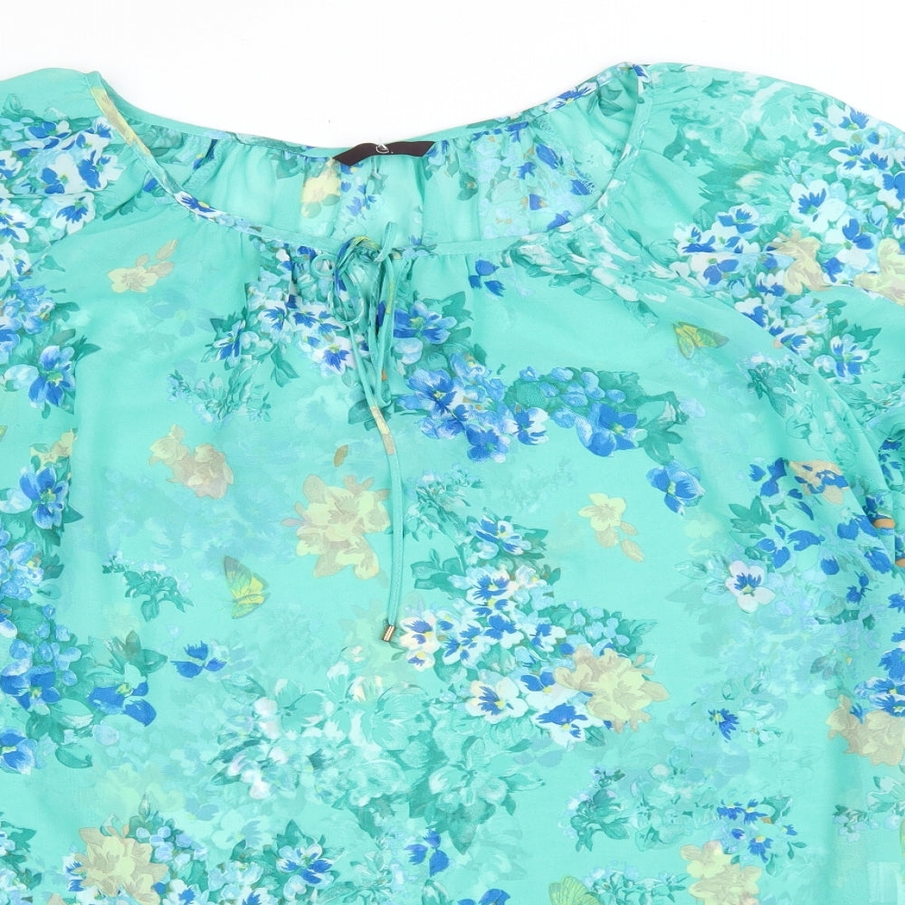 Preworn Womens Green Floral Polyester Basic Blouse Size 16 Scoop Neck