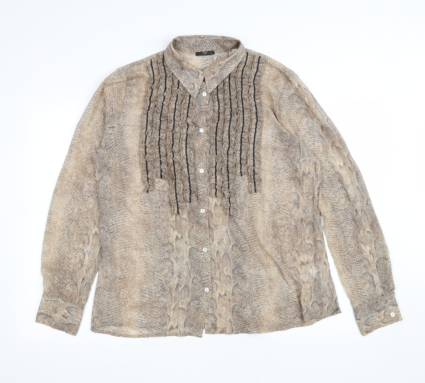 Lui Lei Womens Brown Animal Print Polyester Basic Button-Up Size 16 Collared - Snake Skin Print