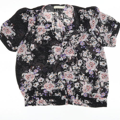 Pins and Needles Womens Black Floral Polyester Basic Button-Up Size M Scoop Neck