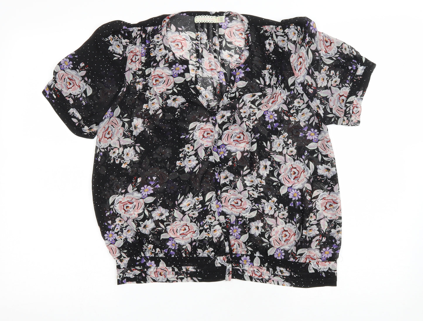 Pins and Needles Womens Black Floral Polyester Basic Button-Up Size M Scoop Neck