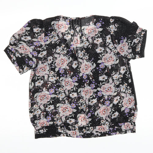 Pins and Needles Womens Black Floral Polyester Basic Button-Up Size M Scoop Neck