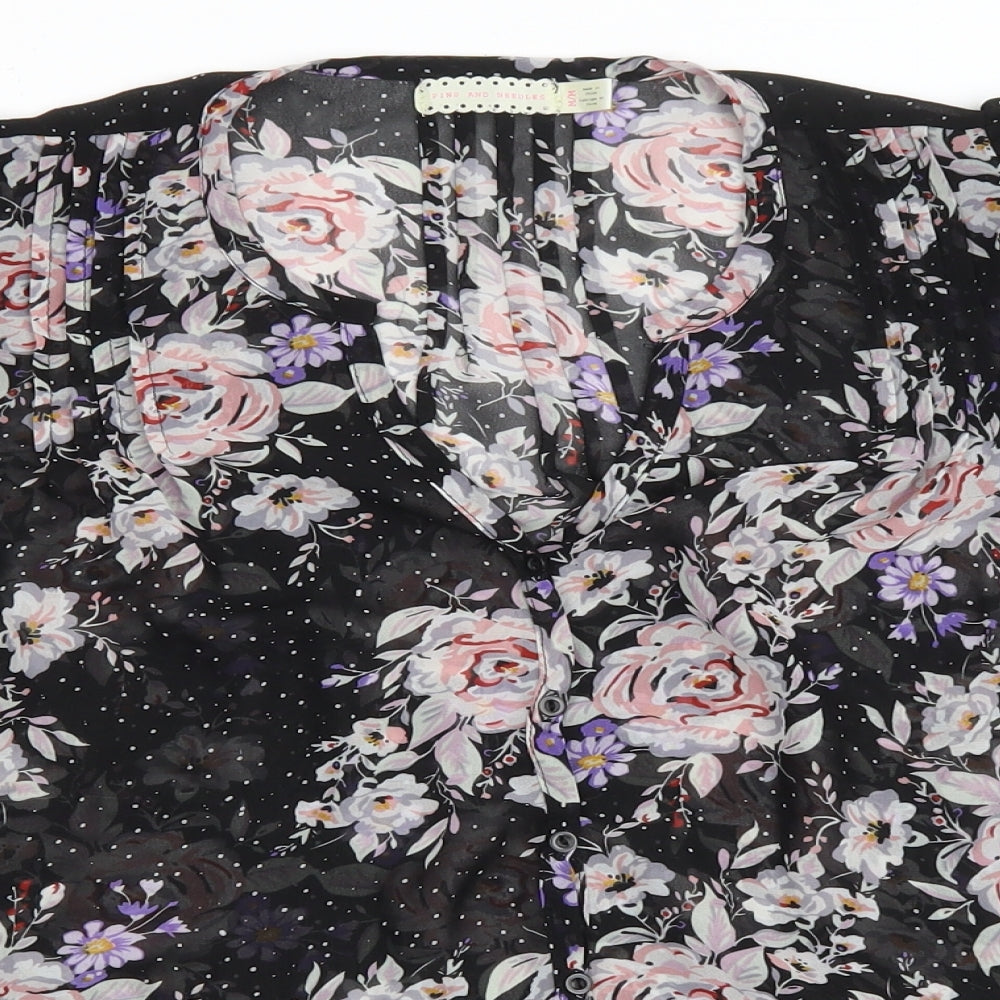 Pins and Needles Womens Black Floral Polyester Basic Button-Up Size M Scoop Neck