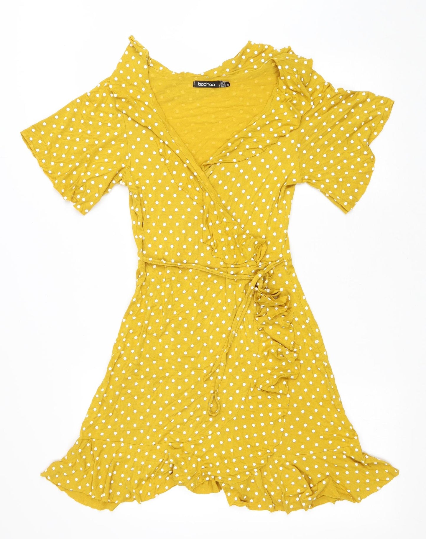 Boohoo Womens Yellow Polka Dot Polyester Wrap Dress Size 12 V-Neck Tie
