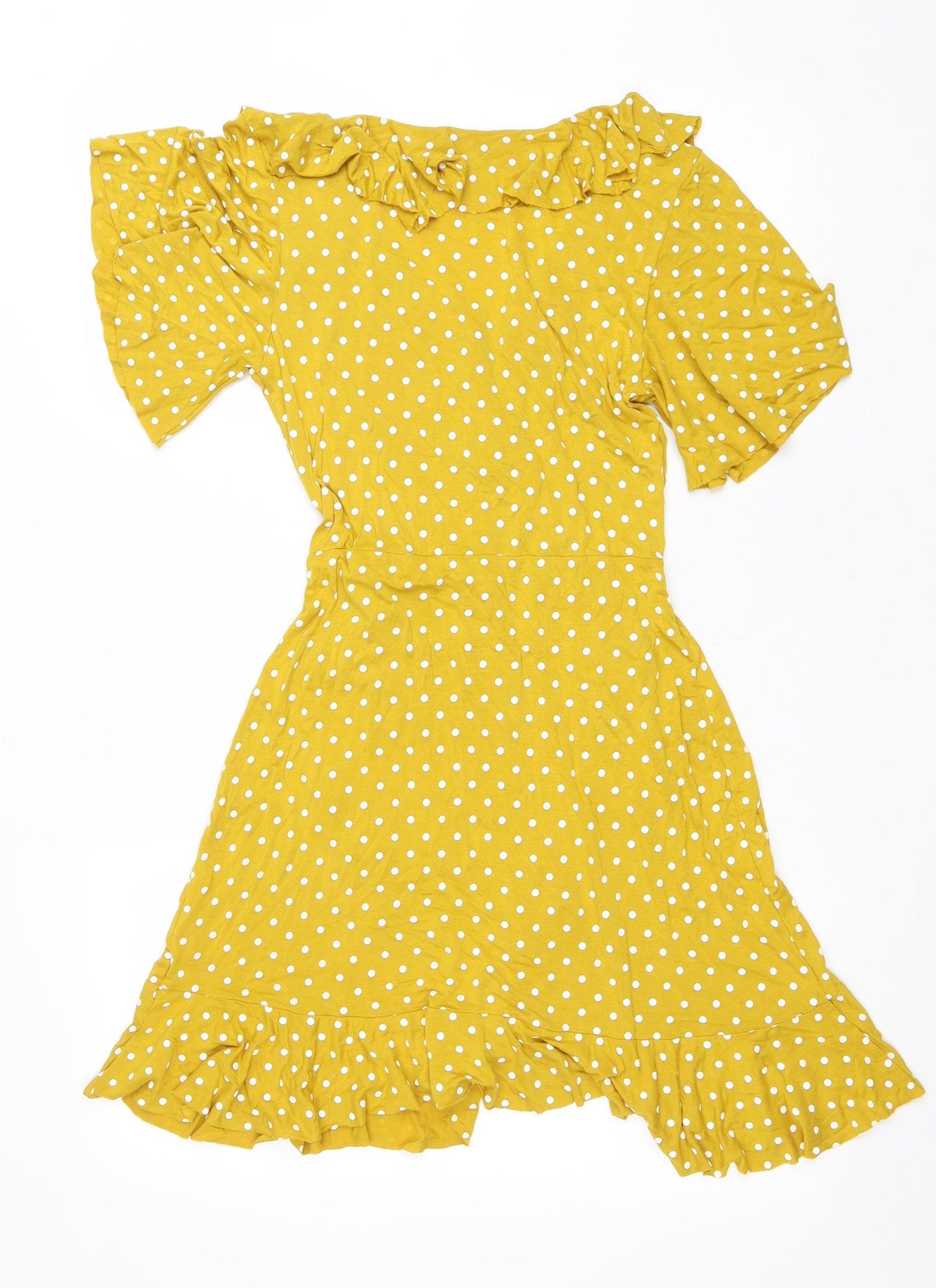 Boohoo Womens Yellow Polka Dot Polyester Wrap Dress Size 12 V-Neck Tie