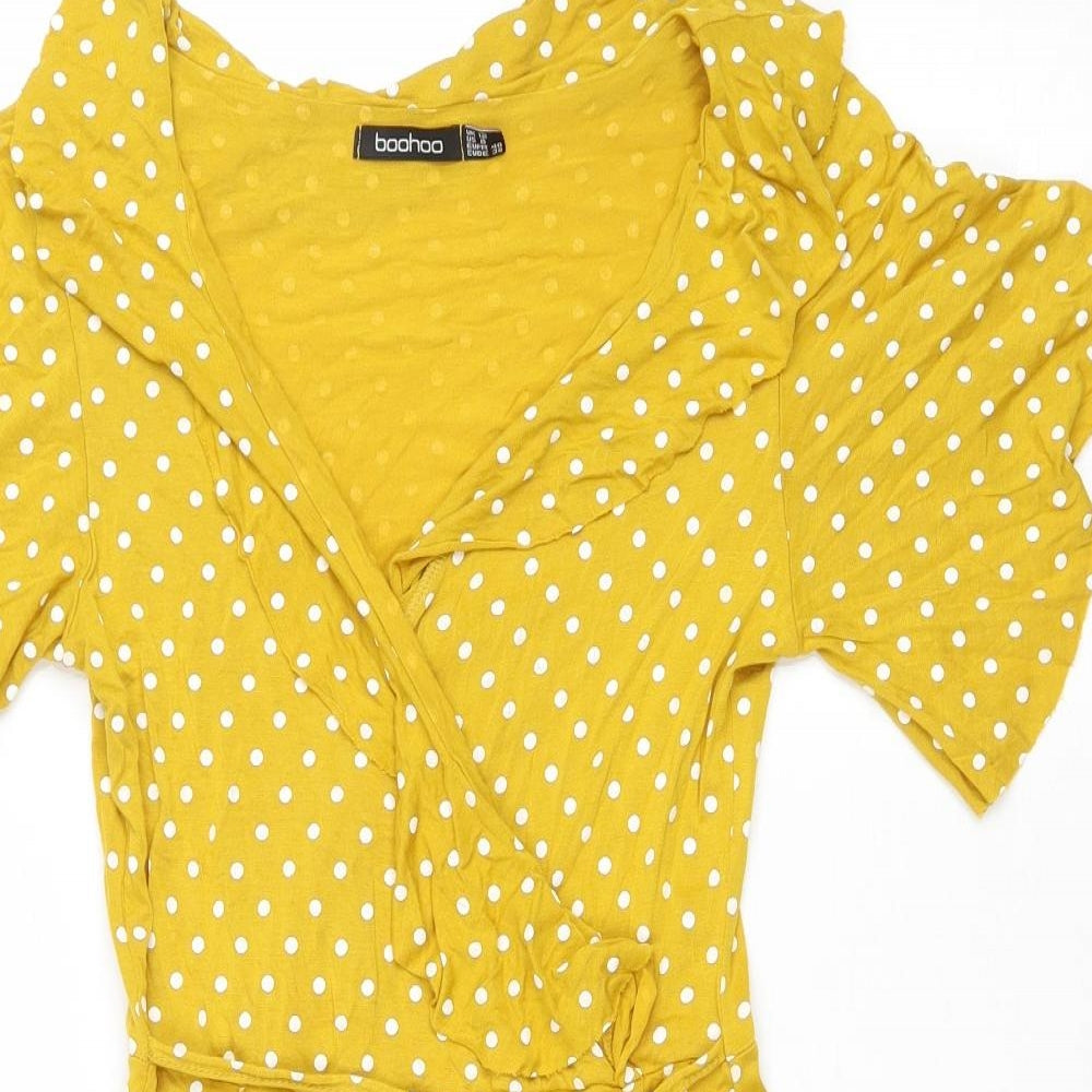 Boohoo Womens Yellow Polka Dot Polyester Wrap Dress Size 12 V-Neck Tie