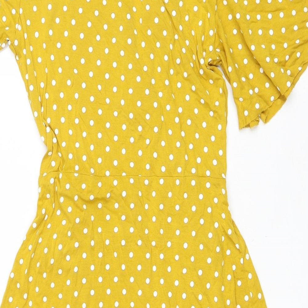 Boohoo Womens Yellow Polka Dot Polyester Wrap Dress Size 12 V-Neck Tie