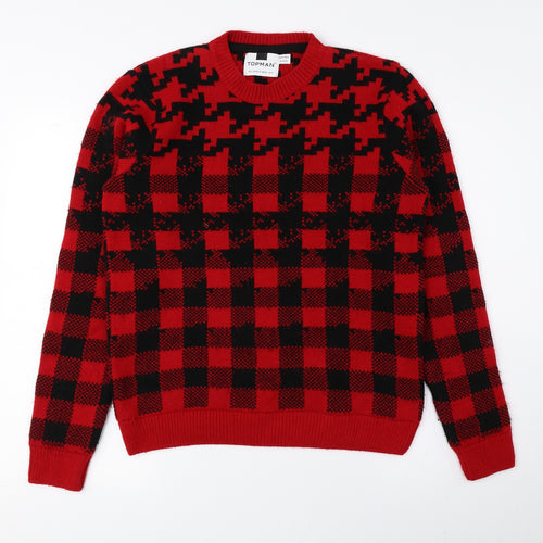 Topman Womens Red Round Neck Check Acrylic Pullover Jumper Size S