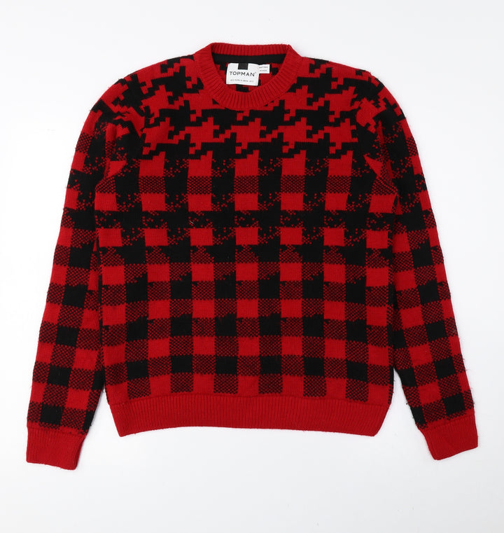 Topman Womens Red Round Neck Check Acrylic Pullover Jumper Size S