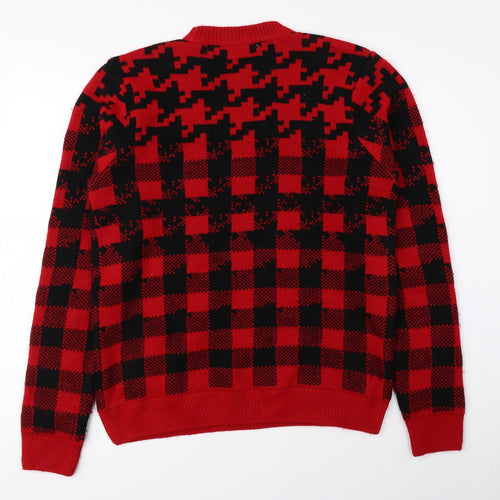 Topman Womens Red Round Neck Check Acrylic Pullover Jumper Size S