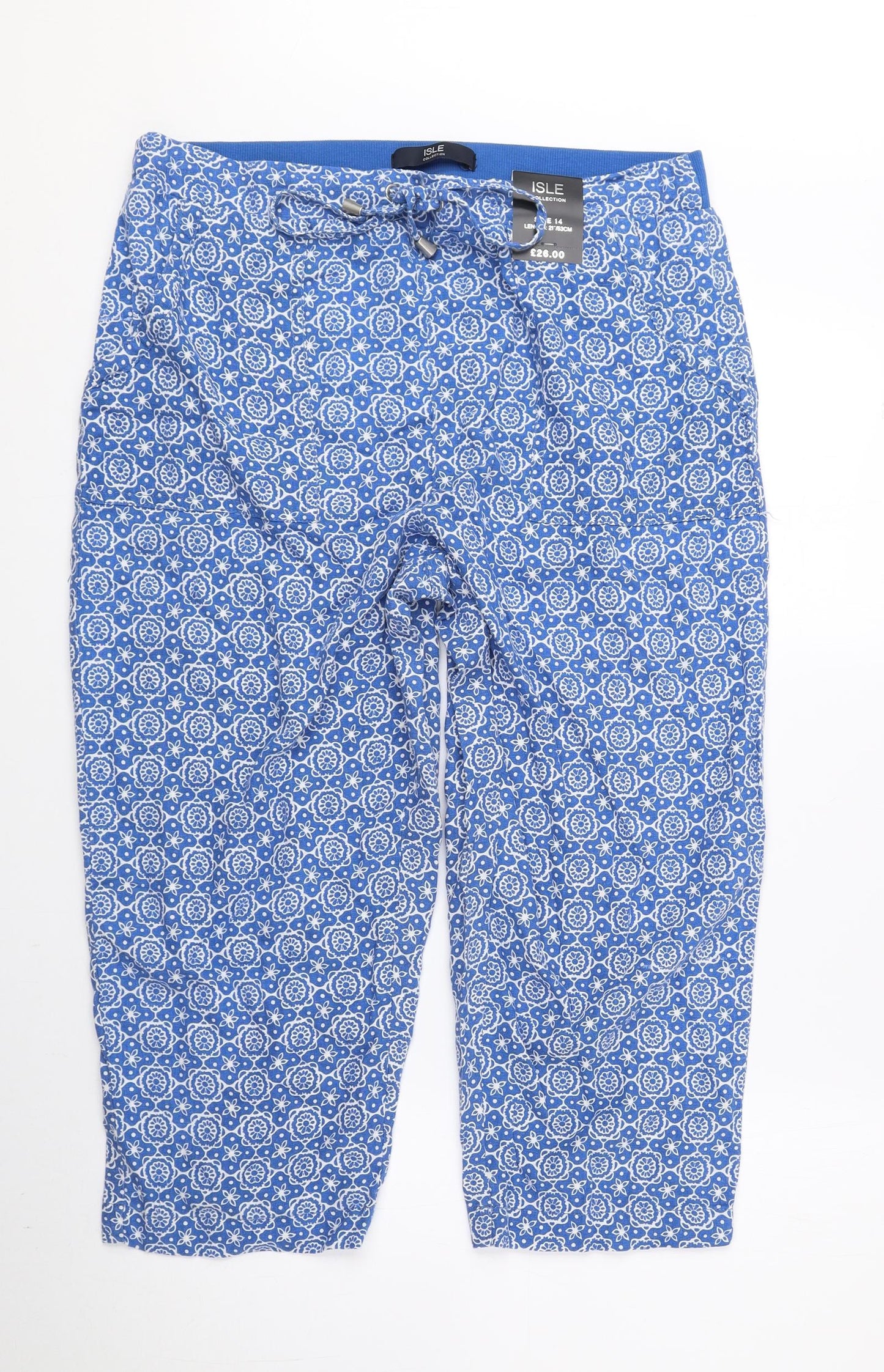 ISLE Collection Womens Blue Geometric Linen Culotte Shorts Size 14 L19 in Regular Drawstring