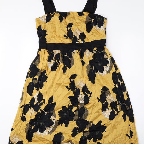 Marks and Spencer Womens Yellow Floral 100% Cotton A-Line Size 12 Square Neck Zip