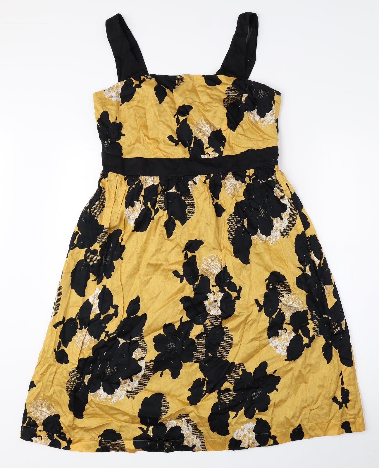 Marks and Spencer Womens Yellow Floral 100% Cotton A-Line Size 12 Square Neck Zip