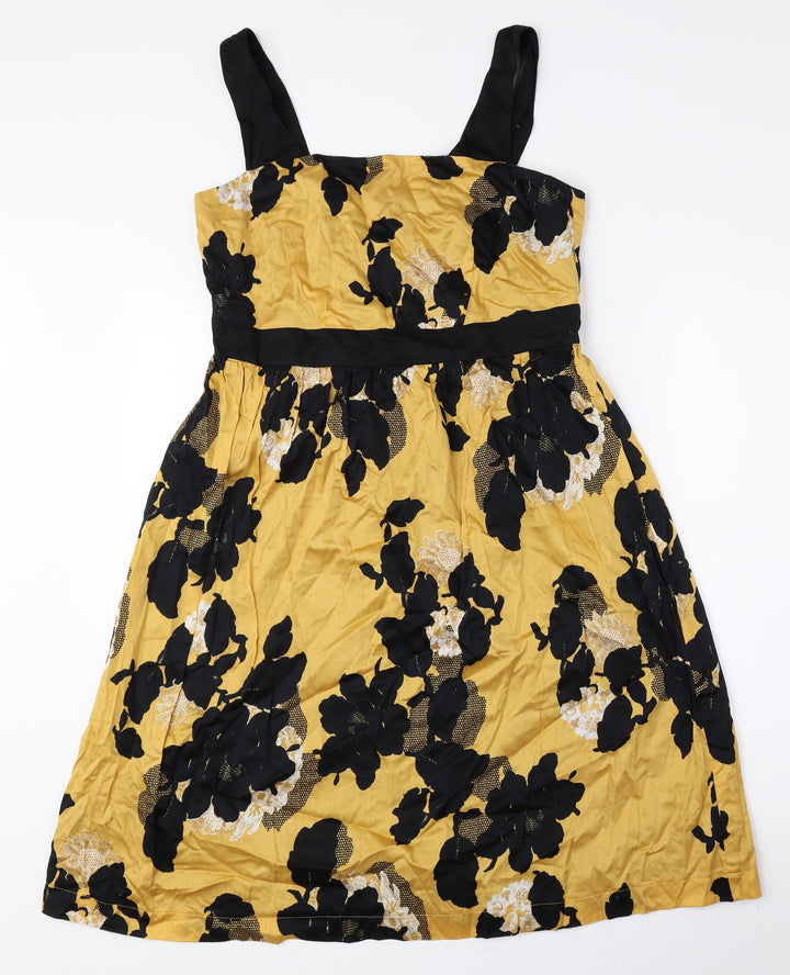 Marks and Spencer Womens Yellow Floral 100% Cotton A-Line Size 12 Square Neck Zip
