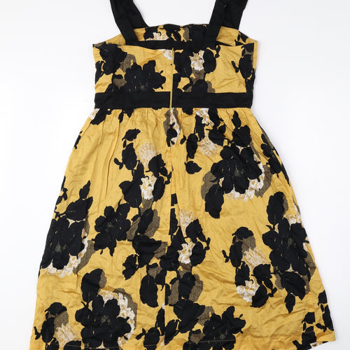 Marks and Spencer Womens Yellow Floral 100% Cotton A-Line Size 12 Square Neck Zip