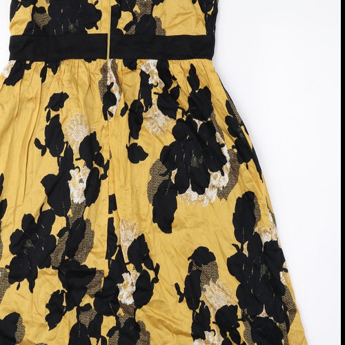 Marks and Spencer Womens Yellow Floral 100% Cotton A-Line Size 12 Square Neck Zip