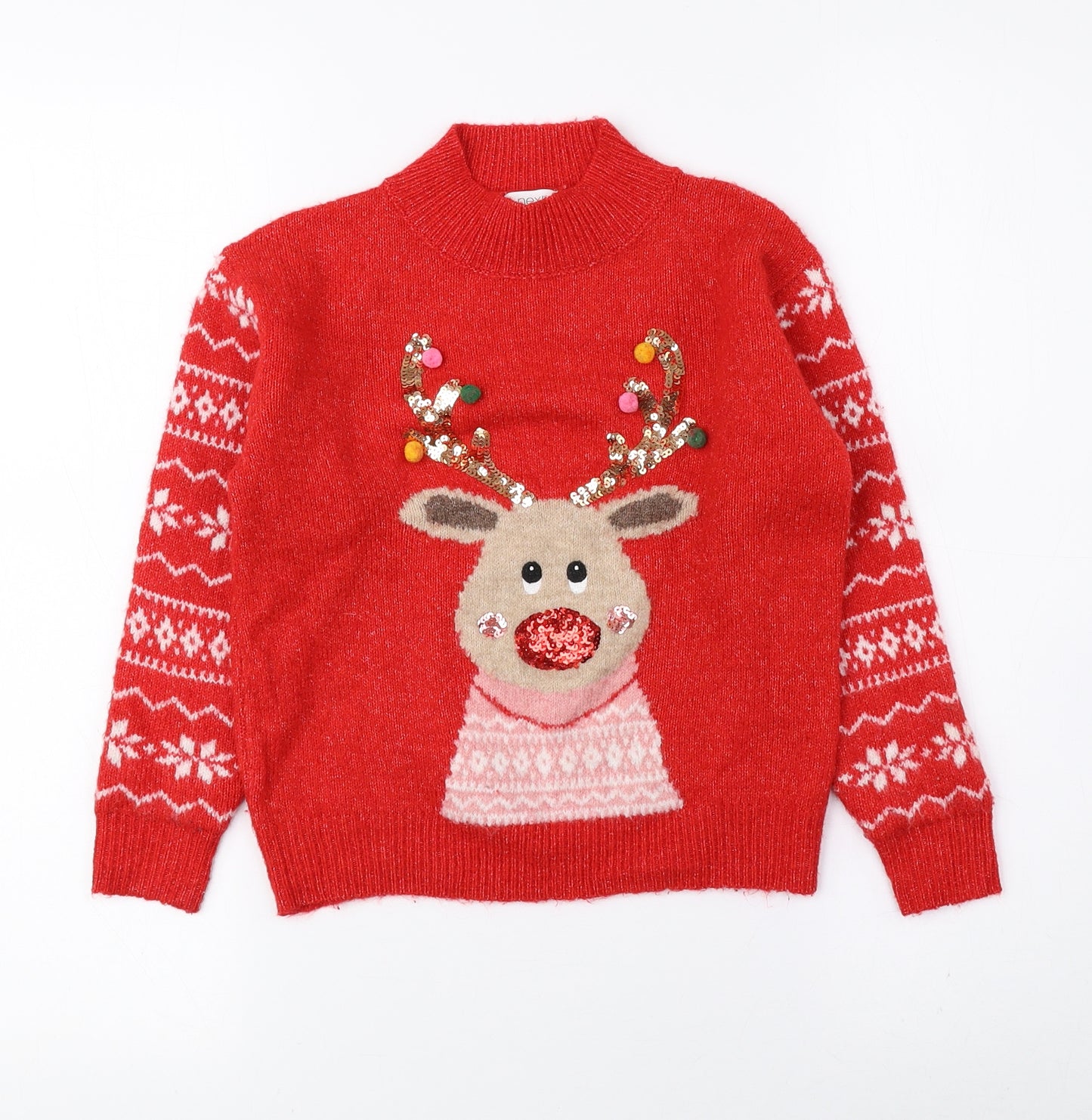 NEXT Girls Red Mock Neck Fair Isle Polyester Pullover Jumper Size 5 Years Pullover - Reindeer