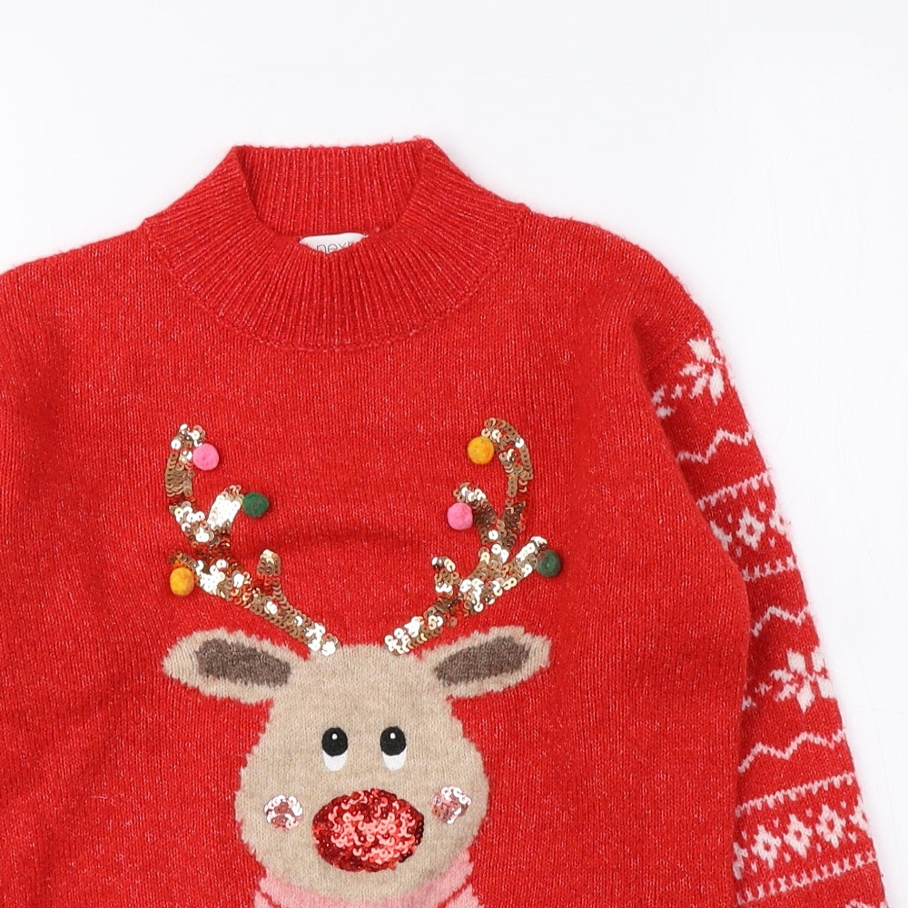 NEXT Girls Red Mock Neck Fair Isle Polyester Pullover Jumper Size 5 Years Pullover - Reindeer