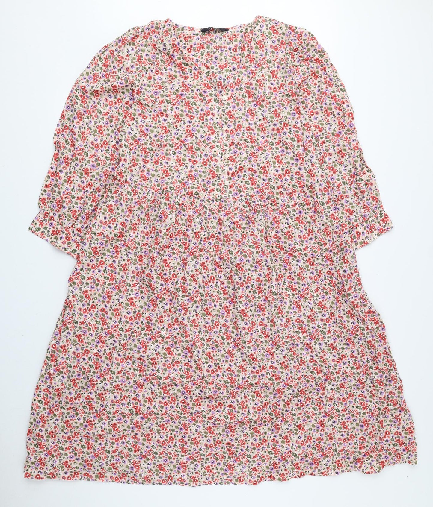 Marks and Spencer Womens Multicoloured Floral 100% Cotton A-Line Size 12 V-Neck Button