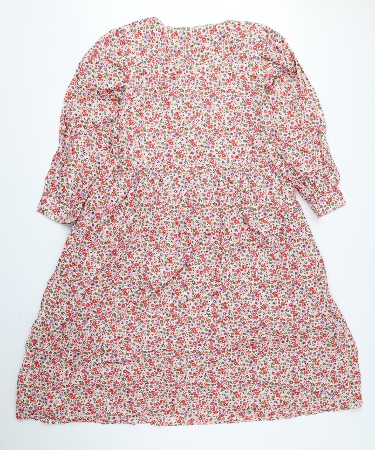 Marks and Spencer Womens Multicoloured Floral 100% Cotton A-Line Size 12 V-Neck Button