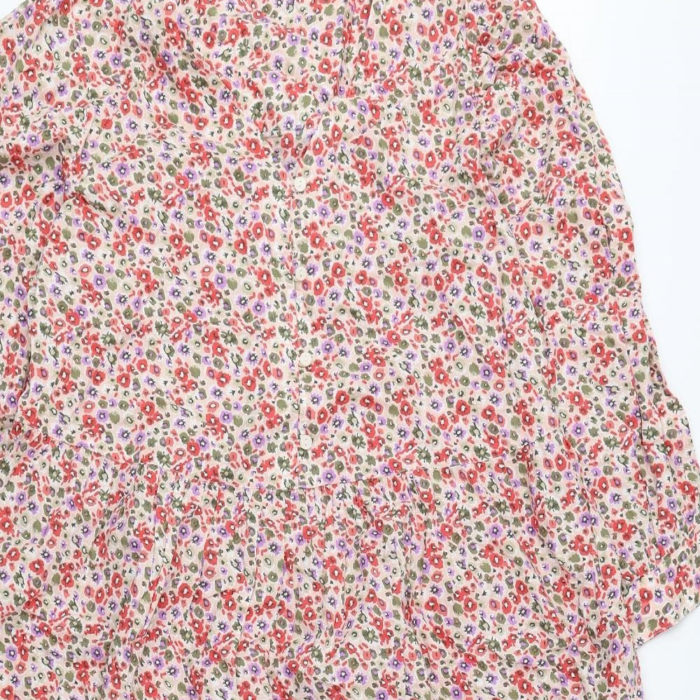 Marks and Spencer Womens Multicoloured Floral 100% Cotton A-Line Size 12 V-Neck Button