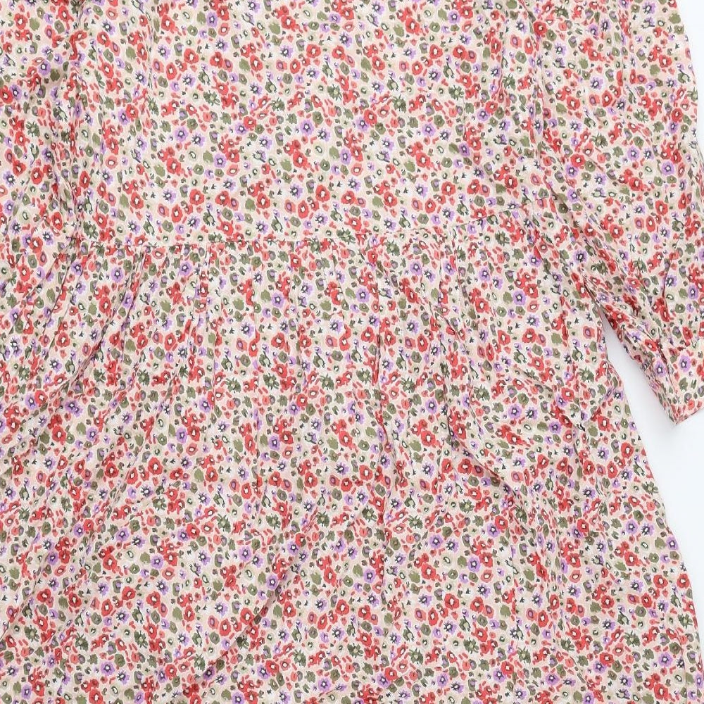 Marks and Spencer Womens Multicoloured Floral 100% Cotton A-Line Size 12 V-Neck Button