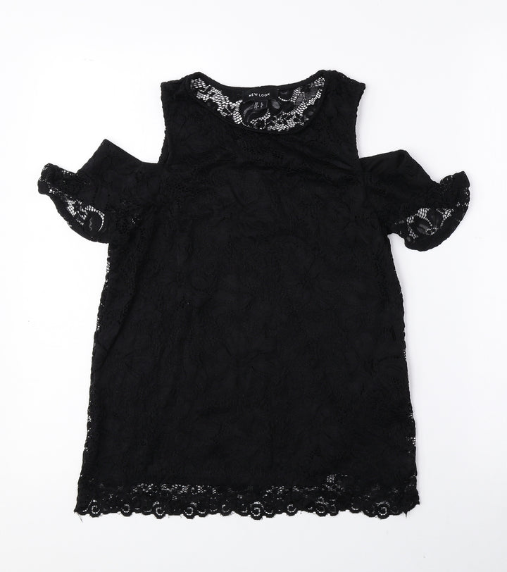 New Look Womens Black Nylon Basic Blouse Size 8 Round Neck