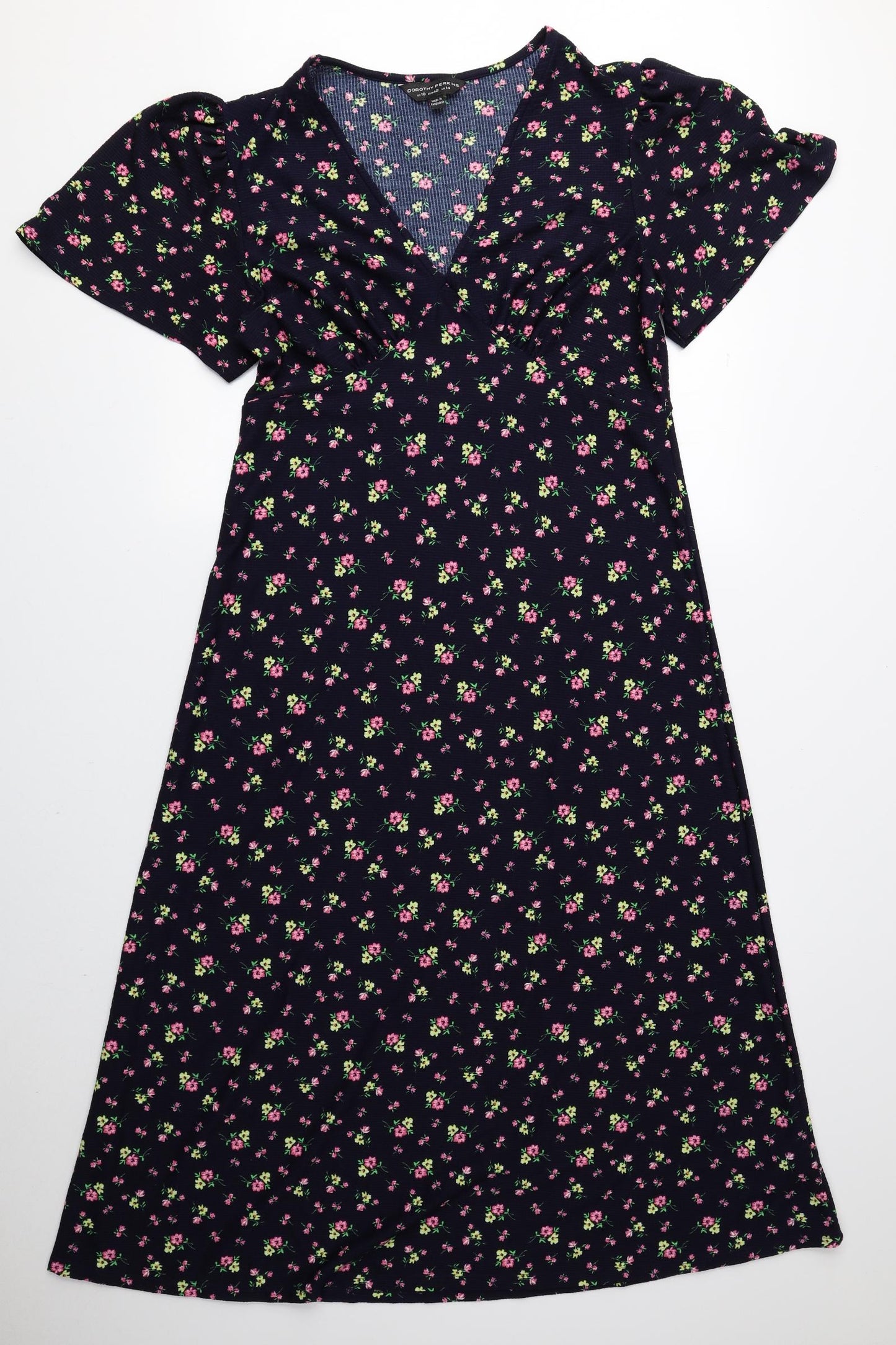 Dorothy Perkins Womens Blue Floral Polyester Fit & Flare Size 14 V-Neck Pullover