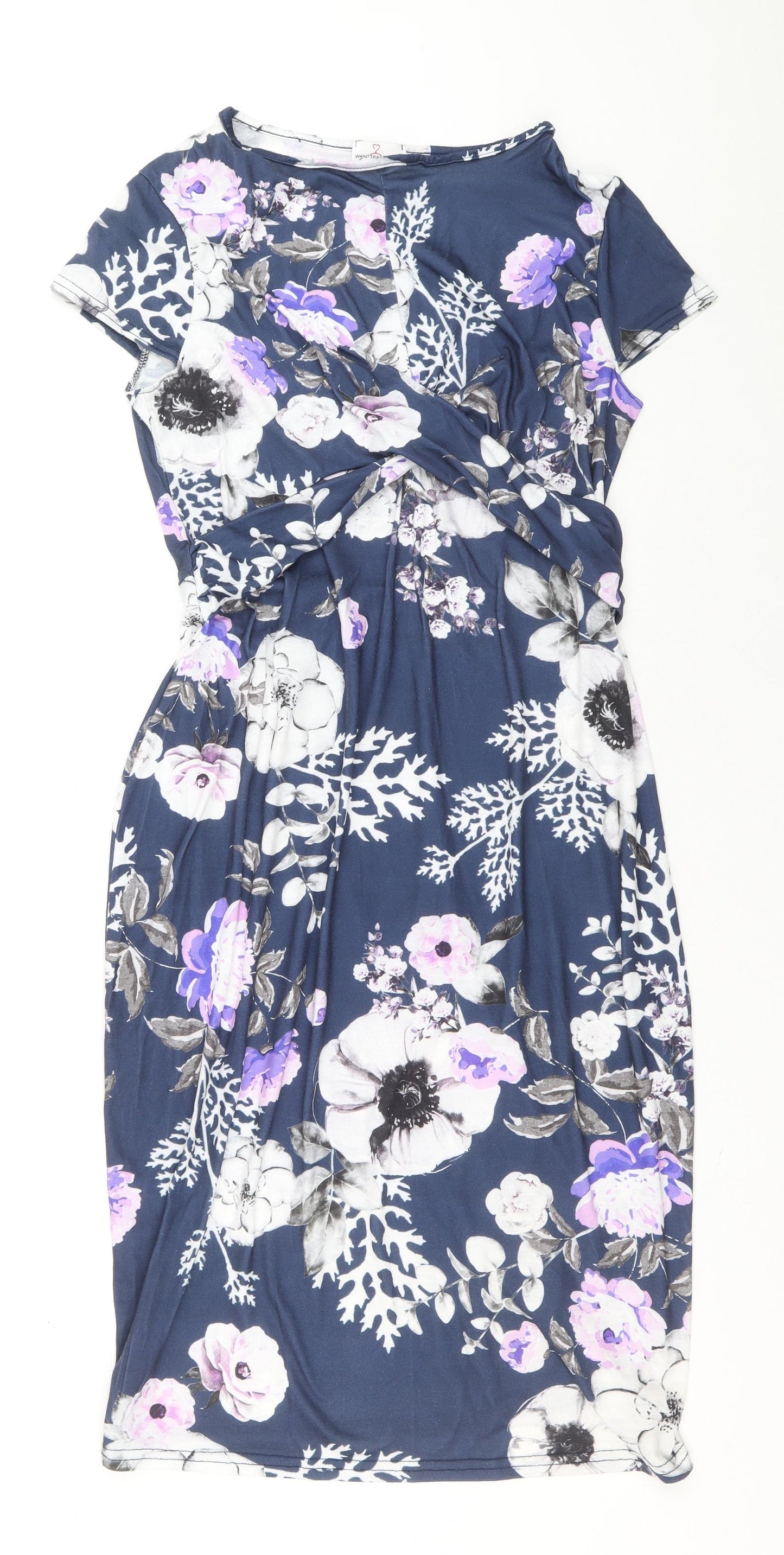 Want That Trend Womens Blue Floral Cotton Pencil Dress Size 12 Round Neck Pullover - Bow detail
