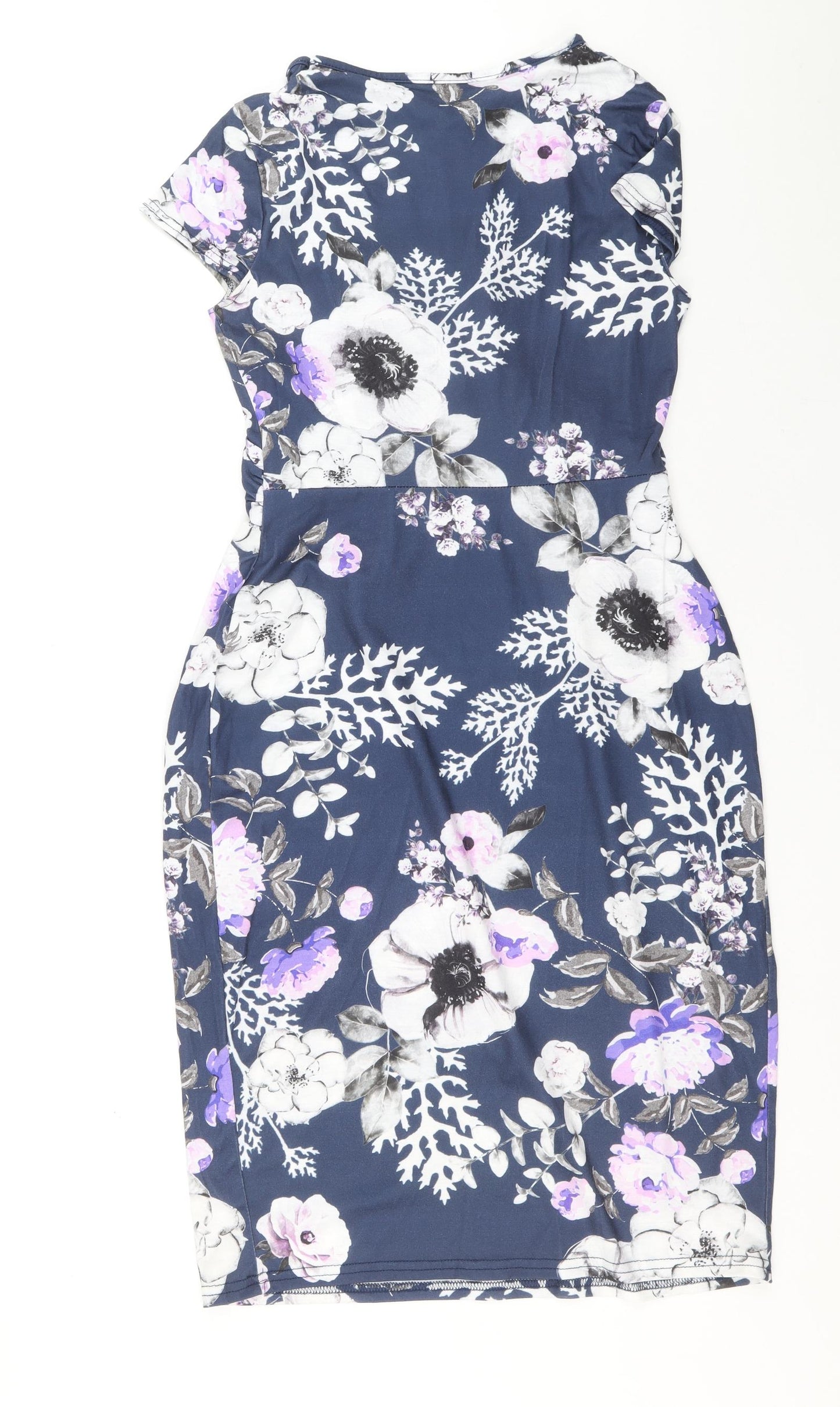 Want That Trend Womens Blue Floral Cotton Pencil Dress Size 12 Round Neck Pullover - Bow detail